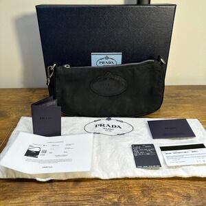 Authentic Prada Nylon Shoulder Bag Black Leather Crest Logo 1BA269 Made in Italy